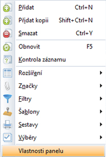 Lokální menu – volba Vlastnosti panelu