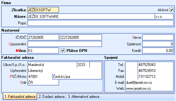 Adresář firem – nově pridaná firma z DČF