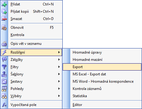 Lokální menu – Rozšíření / Export