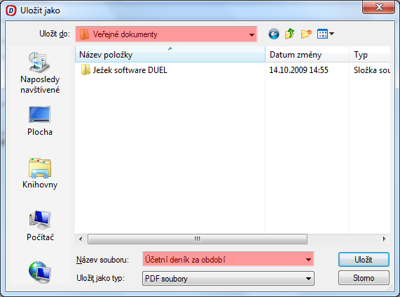 Export sestavy – dialog pro uložení