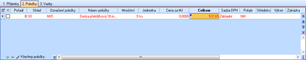 Položky příjemky – nulová jednotková cena