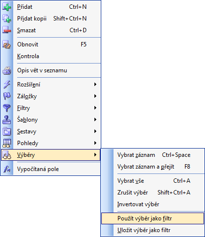 Použít výběr jako filtr