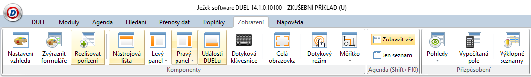 Záložka Zobrazení v Ribbon menu programu DUEL.