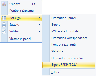 Zpracování DPH – lokální nabídka Rozšíření / Export RPDP
