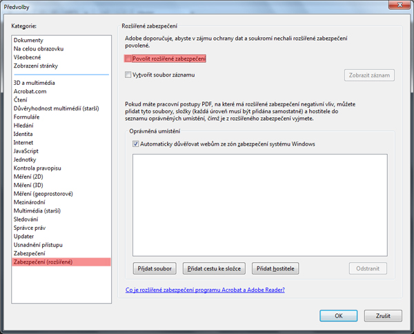 nastavení Adobe Readeru – rozšířené nastavení