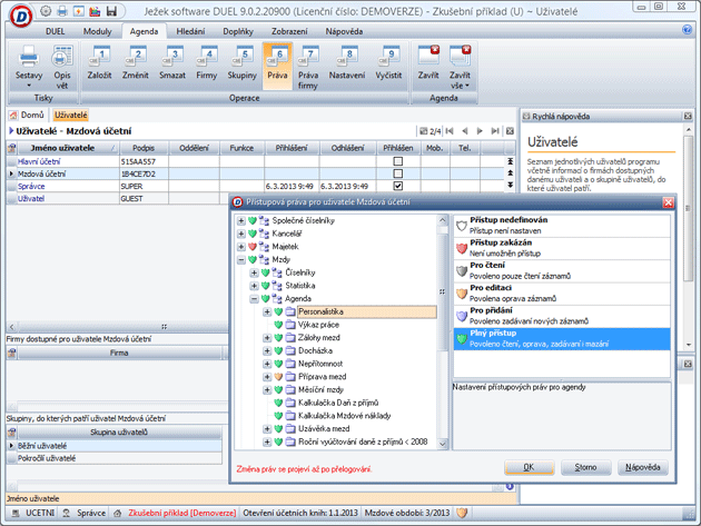 DUEL – Agendy Profilu – Uživatelé – Nastavení práv