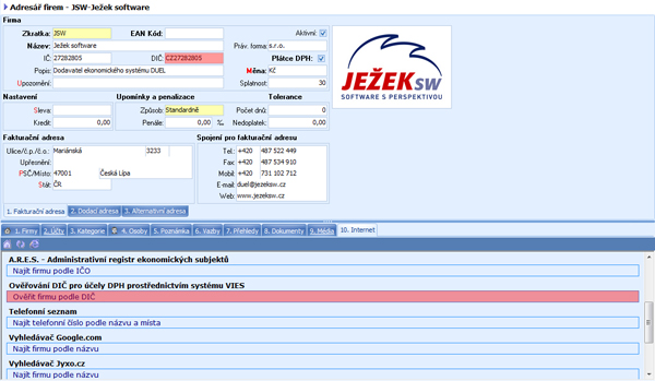 Adresář firem – záložka Internet