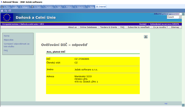 Adresář firem – ověření DIČ pomocí VIES