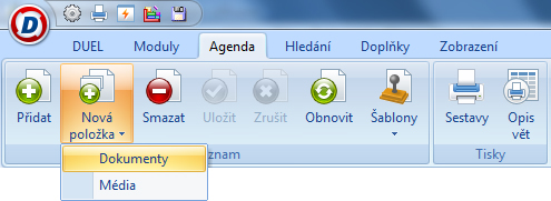 karta Agenda – přidání nové položky na záložku Dokumenty