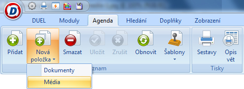 karta Agenda – přidání nové položky na záložku Média
