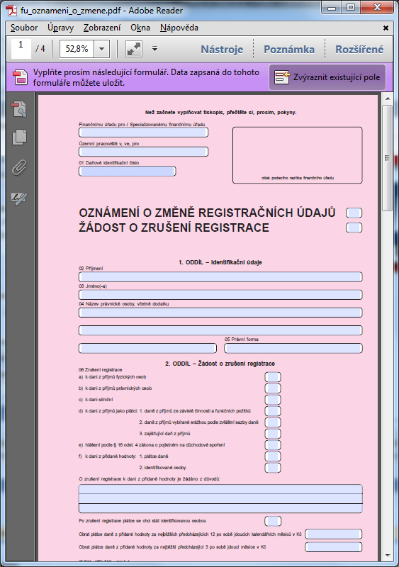 Adobe Reader – formulář určený k vyplnění