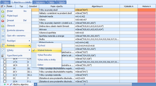 agenda Výkazy – účetnictví – záložka Algoritmy a výsledky se zobrazeným sloupcem pro historií