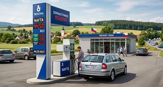 Čerpací stanice a stojan s motorovou naftou.