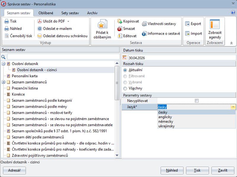 Dotazníky pro registraci zaměstnanců pro JMHZ