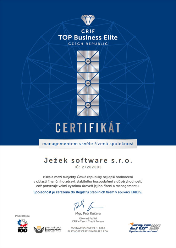 Ježek software získal prestižní certifikát CRIF TOP Business Elite 