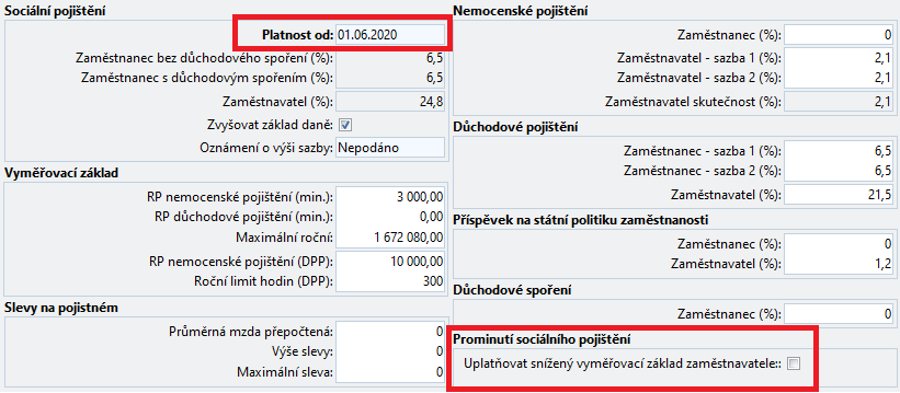 Parametry sociálního pojištění
