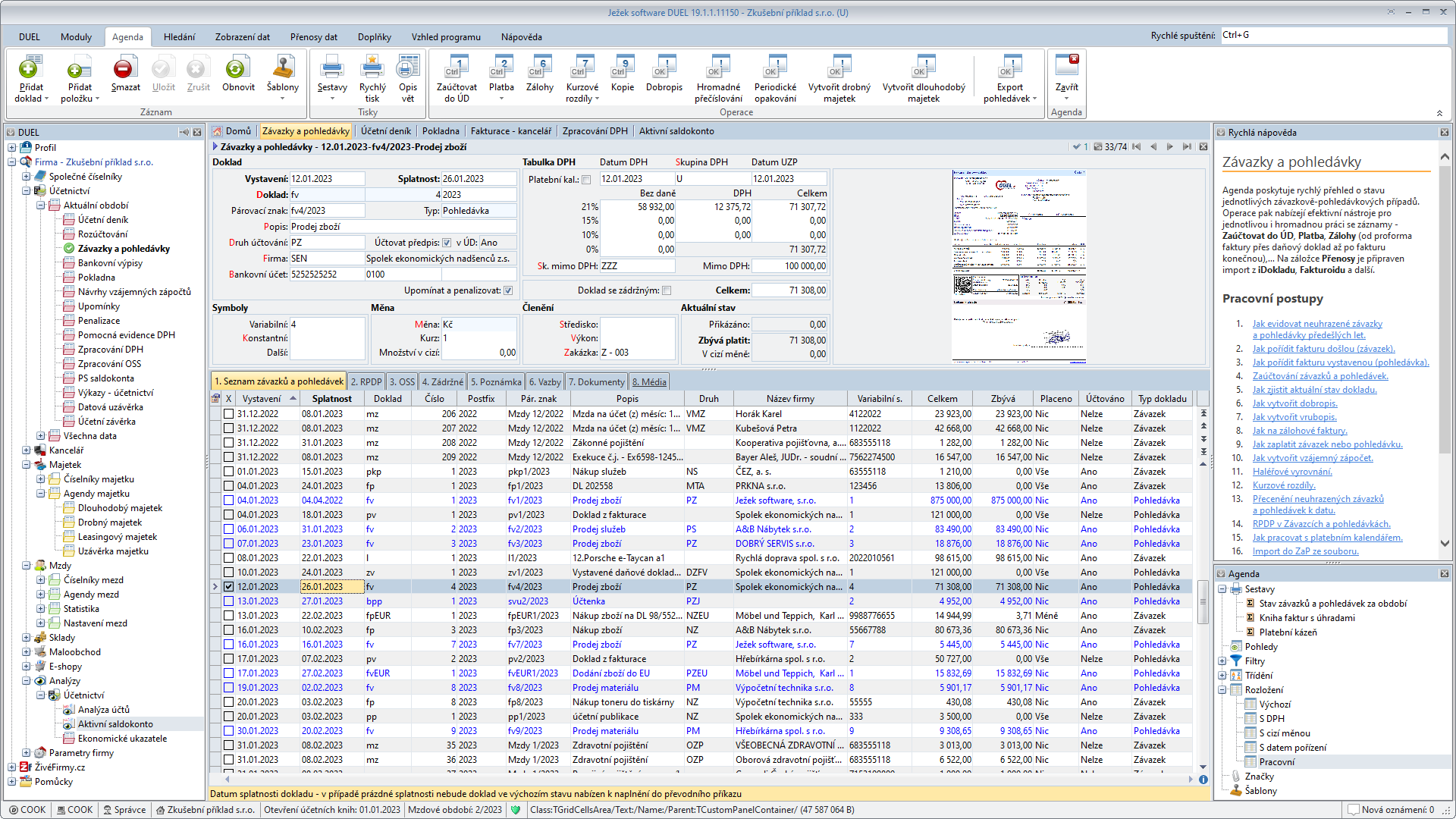 Ukázka obrazovky účetního programu Ježek software DUEL